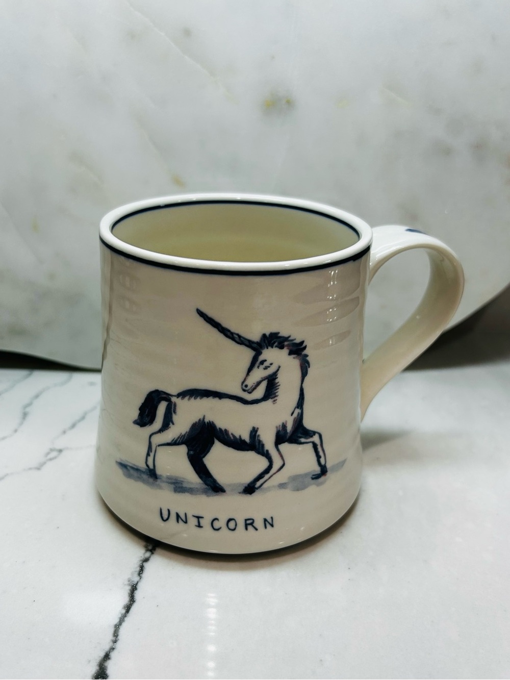 Anthropologie X Molly Hatch Unicorn Coffee Mug Stoneware Cobalt Blue and White